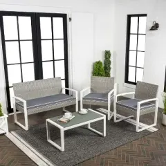 Elina 4-Piece Modern Coastal Faux Wicker Conversation Outdoor Patio Set - JONATHAN Y
