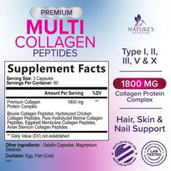 Multi Collagen Supplement, Type I, II, III, V, X Collagen Pills, Collagen Supplements, Hair, Skin, Nail & Joint - 180 Capsules By Nature's Nutrition