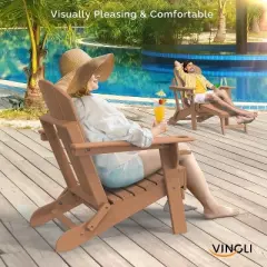 VINGLI Folding Adirondack Chair with Ottoman, Waterproof Plastic HDPE Firepit Chair for Outside with Hidden Footrests