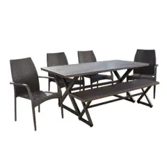 Christopher Knight Home Perault Outdoor Wicker and Aluminum 6 Piece Dining Set with Bench, Multibrown/Brown