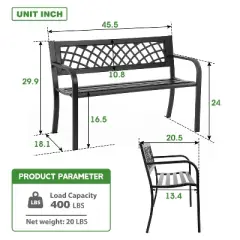 FDW Patio Metal Park Bench with Armrests Sturdy Steel Frame Furniture for Yard Porch Work Entryway，Black