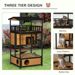 Resenkos Wooden Outdoor Cat House, Feral Cat Shelter Kitten Condo with Asphalt Roof, Escape Doors, Condo, Jumping Platform, Yellow
