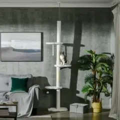 PawHut Floor to Ceiling Cat Tree with Scratching Posts, 88.5" - 100.5" Adjustable Height, Cat Climbing Tower with Cloud Shape Platforms, Balls, White