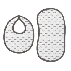 Bacati - Mustache/Plus Muslin 4 pc set of Bibs & Burp Cloths Set, Gray