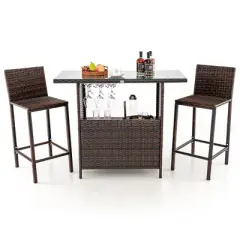 Costway Patio 3PCS Wicker Bar Set Height Table Two Stools with 3 Rows Stemware Racks Garden