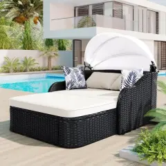 Double Patio Outdoor Chaise Lounge,Black Wicker Patio Outdoor Sunbed With Adjustable Canopy,PE Rattan Lounge Daybed With Cushion -Maison Boucle