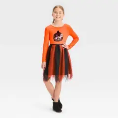 Girls' Long Sleeve Flip Sequin Halloween Dress - Cat & Jack&trade; Orange