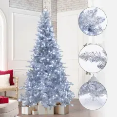 LuxenHome 7.5Ft Silver Christmas Tree with Cool White Lights, Full Pre-Lit Indoor/Outdoor Decor