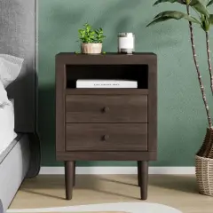 KWPZQEB Night Stand, Nightstand with 2 Drawer & Open Shelf, Mid-Century End Table with Wooden Handle, Wooden Flie Cabinet for Bedroom, Small Spaces