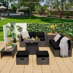 Costway 9PCS Patio Rattan Furniture Set Fire Pit Space-saving W/ Cushion cover