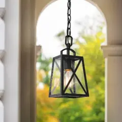 11" Metal/Seeded Glass Square Outdoor Pendant Light Black - LNC