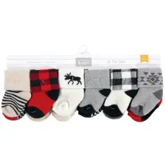 Hudson Baby Infant Boy Cotton Rich Newborn and Terry Socks, Buffalo Plaid Moose