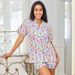 Women's Soft Cotton Knit Jersey Pajamas Lounge Set, Short Sleeve Top and Shorts with Pockets