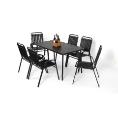 7 Pieces Patio Dining Set, Plastic chair and steel table Outdoor Set, plastic Chairs and Table Set for Garden Patio, Black