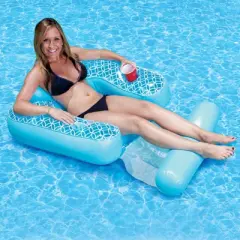 Swim Central 68.5" Lattice 1-Person Inflatable Swimming Pool Chair with Beverage Pockets - Blue/White