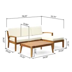 78" Outdoor Patio L-Shaped Acacia Wood Sectional Sofa Set with Coffee Table and Ottoman