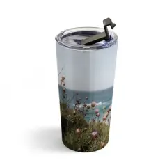 Henrike Schenk - Travel Photography Pink Flowers by the Ocean 20 oz Stainless Steel Travel Mug - Deny Designs