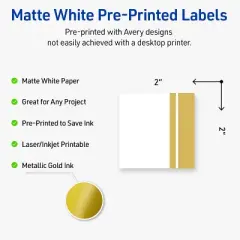 Avery Printable Square Labels, Gold Double-Dipped Edge, 2" x 2", Matte White Square Labels, Permanent, Laser/Inkjet, 120ct, Great for Product Labels