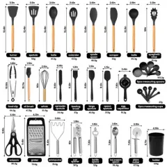 Itopfox 34-Piece Silicone Cooking Utensil Set with Wooden Handles Heat Resistant Kitchen Tools for Nonstick Cookware Includes Spatulas, Spoons, Tongs