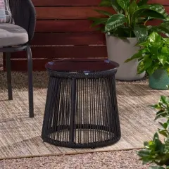 Outdoor Side Table with Tempered Glass Top,Rope Woven Accent Table for Patio or Balcony,Round Patio Side Table with Metal Frame-Coolbibila