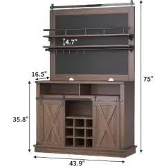 Bar Cabinet 75" Tall Coffee Hutch Large Kitchens Hutch Farmhouse Coffee Bar Cabinet Cupboard with Sliding Barn Door