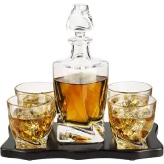 The Wine Savant Italian Crafted European Design Whiskey & Wine Decanter Set Includes 4 European Whiskey Style Glasses Set on Wooden Tray - 855 ml