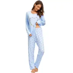 cheibear Womens Sleepwear Lounge Heart Print with Pants Long Sleeve Pajama Set