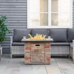 Racxily 32 Inch Outdoor Propane Gas Fire Pit Table, Square Faux Ledge Stone Gas Firepit with Lava Rocks and Rain Cover, Brown