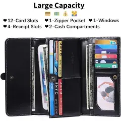 FATMOON Womens Wallets,Large capacity Genuine Leather Wallet,Wallet Women Trifold Credit Card Holder Wallet with ID Window and RFID