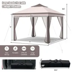 Tangkula 11 x 11 ft Pop up Gazebo 2-Tier Patio Canopy Tent Shelter w/ Carrying Bag Beige/Brown