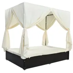 Outdoor Patio Rattan Canopy Daybed Sunbed with Curtain and Adjustable Seat