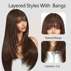 Jessie's Wig 22Inch Lace Frontal Straight Wig With Bangs 5X5 Lace Brown Color 1 Pc/Pack