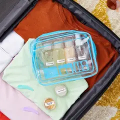 Okuna Outpost Set of 4 TSA Clear Toiletry Bags with Empty TSA Approved Travel Containers For Packing, Assorted Colors