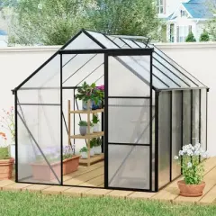 Outdoor Patio 6x6 FT Greenhouse, Heavy Duty Walk-in Greenhouses, Greenhouse with Sliding Door, Greenhouse with Aluminum Frame-Coolbibila