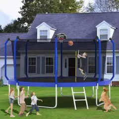 NAYSAYE Trampoline 12FT with Enclosure Ladder AntiRust Coating ASTM Approved Outdoor for Kids, Blue, 144.00"*144.00"*99.00"