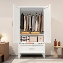 KTMBDW Metal Armoire Wardrobe Closet with Doors and Shelves, 60" Tall Freestanding Wardrobe Cabinet for Hanging Clothes, Large Closet with Hanging Rod
