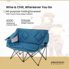 Arrowhead Outdoor Portable Folding Double Duo Camping Chair Loveseat Couch w/ 2 Cup & Wine Glass Holder, Supports up to 500lbs (Ocean Blue)