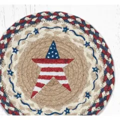 Earth Rugs Round Trivet &ndash; 10"x10" Primitive American Star Printed Braided Jute Mat in Patriotic Country Folk Style