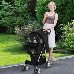 Tangkula 4 Wheels Pet Stroller Folding Cat Dog Stroller W/Storage Basket & Tray Adjustable Canopy All-Terrain EVA Wheels Foldable Cart