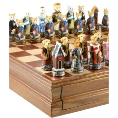 WorldWise Imports Chess Set - Cats & Dogs Resin Chessmen on Walnut Maple Chest
