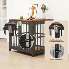 XBRIGH 26in Dog Crate with Lock & Double Door, Wooden Kennel End Table for Small/Medium Dogs, Aged Black