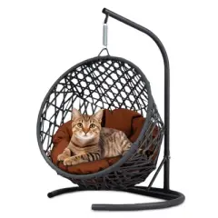 HTUTWOO Rattan Wicker Cat Egg Chair , Cat Swing Bed with Stand & Cushion, Indoor Hanging Swinging Hammocks, for Cat, Dogs, and Small Animals