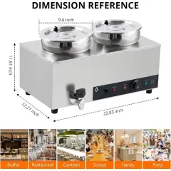 2x7.4QT Food Warmer 1200W Bain Marie Buffet Pot Soup Warmer With Adjustable Temp & Auto Shut Off & Dry Burning Indicator