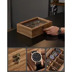 SONGMICS Watch Box, 10-Slot Watch Case, Solid Wood Watch Box Organizer with Glass Lid, Watch Display Case with Removable Pillows, Rustic Walnut