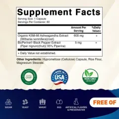KSM-66 Ashwagandha Root Extract + Bioperine - 600mg, 60 Veggie Caps