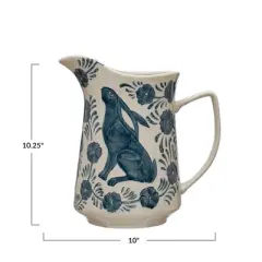 Storied Home Stoneware Pitcher with Painted Rabbit and Florals, Blue and Cream