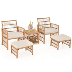 Tangkula 5 Piece Patio Wicker Sofa Set Outdoor Rattan Conversation Set with Seat Cushions 2-Tier Coffee Table & 2 Ottomans