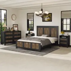 4-Piece Bedroom Sets, Full/Queen Size Farmhouse Platform Bed with Wooden Strip Decoration, Storage Nightstand and Dresser 4B - ModernLuxe