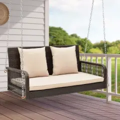 Costway Patio Wicker Porch Swing 2-Person Hanging Loveseat Bench Chair with Cushions Beige/Black
