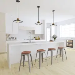 Merrick Lane 24 Inch Tall Stackable Metal Bar Counter Stool With Textured Elm Wood Seat In Set Of 4